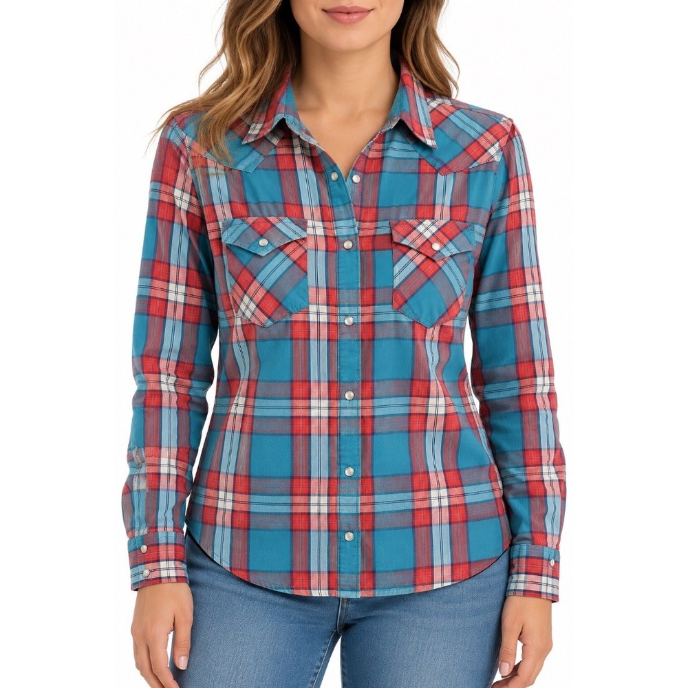 Wrangler Womens Western Shirt Teal Red Plaid Snap Button Long Sleeve Size S